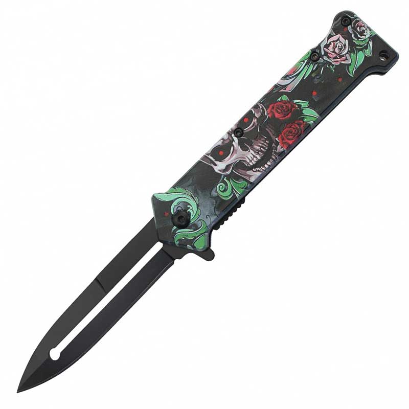 8" Skull Roses Spring Assisted Opening Joker Knife - TOPHATTER'S ARMORY DEALS