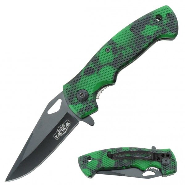 Green Skull Tactical Spring Assisted Knife With Textured Grip Handle