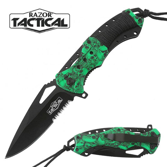 Spring Assist - 'Legal Auto Knife' - Military Fighter - Green Skulls