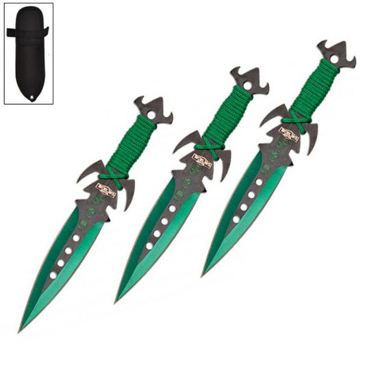 7.5 Inch Deadly Triad of Skulls Dagger Point 3 PC Throwing Knives Set Green