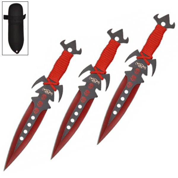 7.5 Inch Deadly Triad of Skulls Dagger Point 3 PC Throwing Knives Set Red