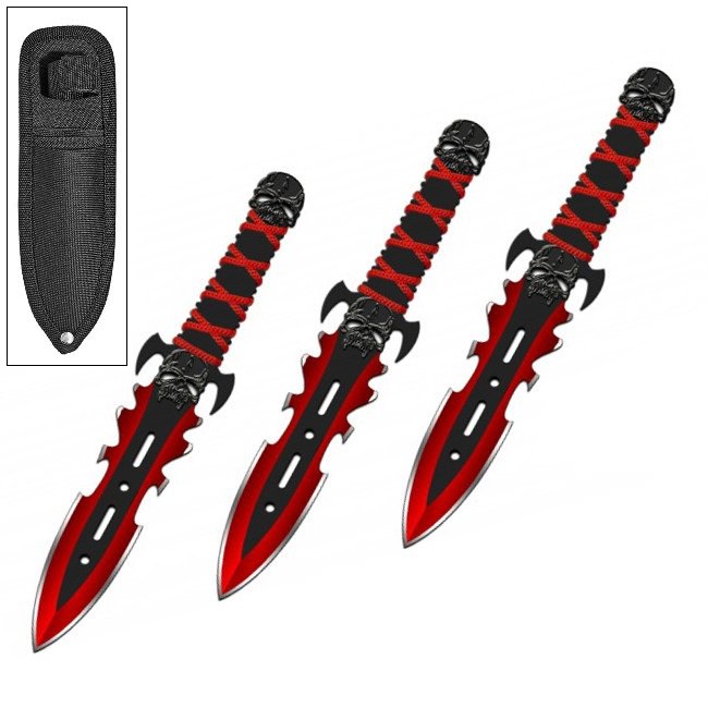 3PC 7.5" Red Demon Ninja Tactical Combat Throwing Knife Set With Sheath