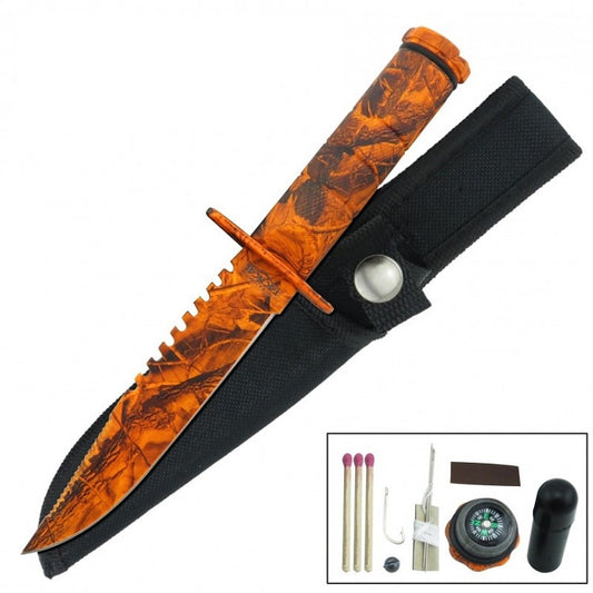 Fixed Blade Sawback Survival Knife 8.5 Inch - Orange Camo