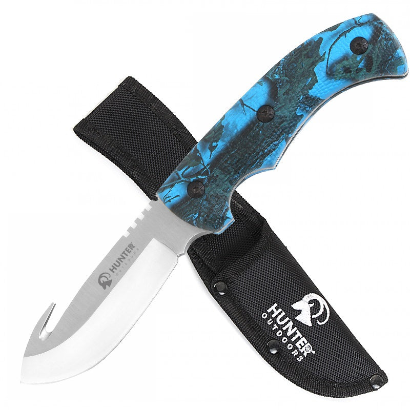 9" Hunting Survival Skinning Gut Hook Fixed Blade Knife Blue Camo - TOPHATTER'S ARMORY DEALS