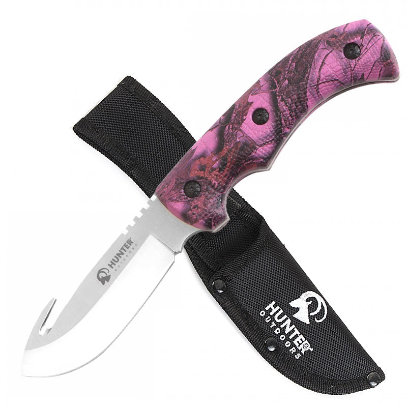 9" Hunting Survival Skinning Gut Hook Fixed Blade Knife Pink Camo - TOPHATTER'S ARMORY DEALS
