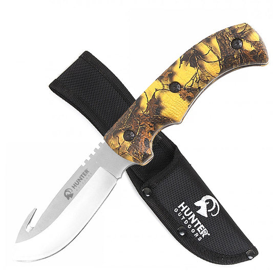 9" Hunting Survival Skinning Gut Hook Fixed Blade Knife Camo Handle