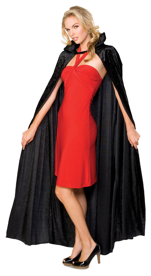 Long Black Crushed Velvet Hooded Cape