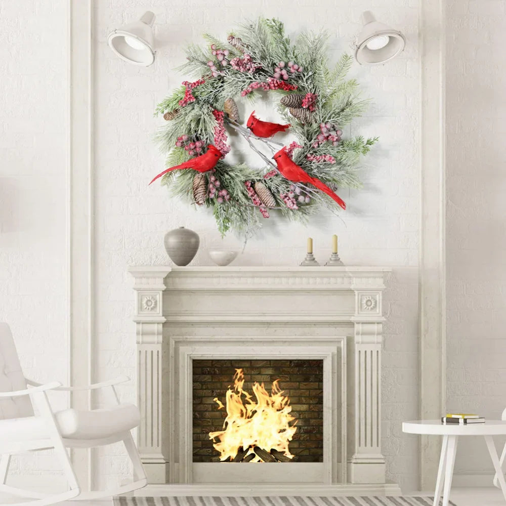 Red Cardinal Christmas Wreath with Berry and Pinecones