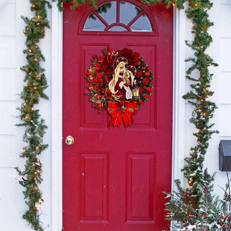 Red Christmas Wreath with Mini Statue
