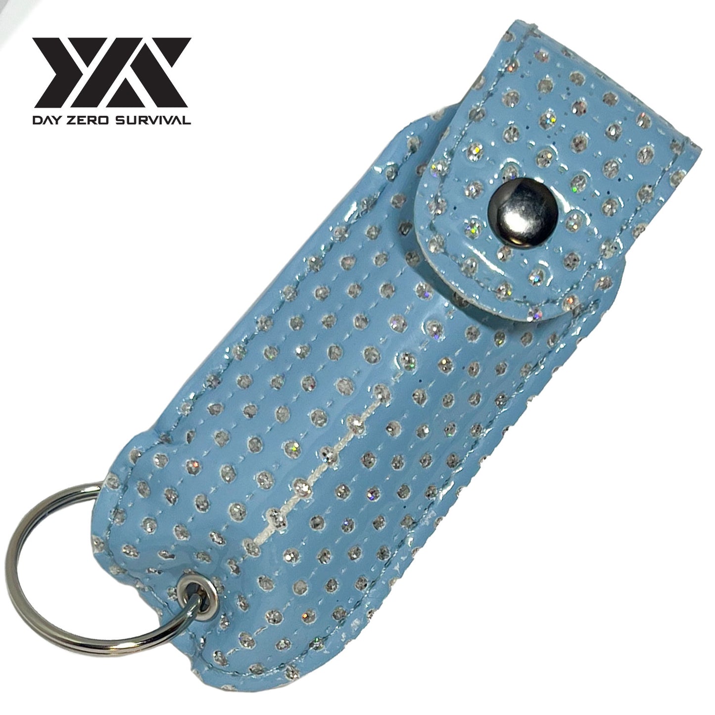 DZS Police Grade Max Strength Pepper Spray Keychain Leather Case | Light Blue Bling
