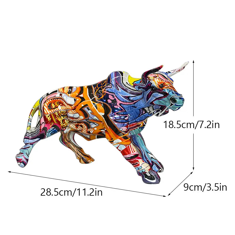 Graffiti Bull Figurine: Artistic Feng Shui Decor for Home and Office