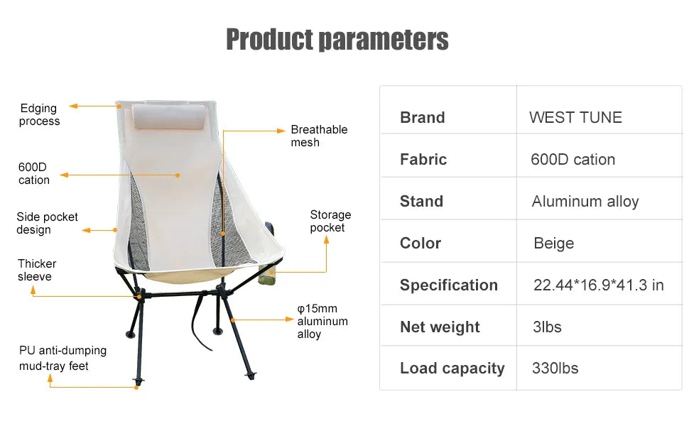 Portable Camping Chair - Lightweight Aluminum Alloy with Headrest