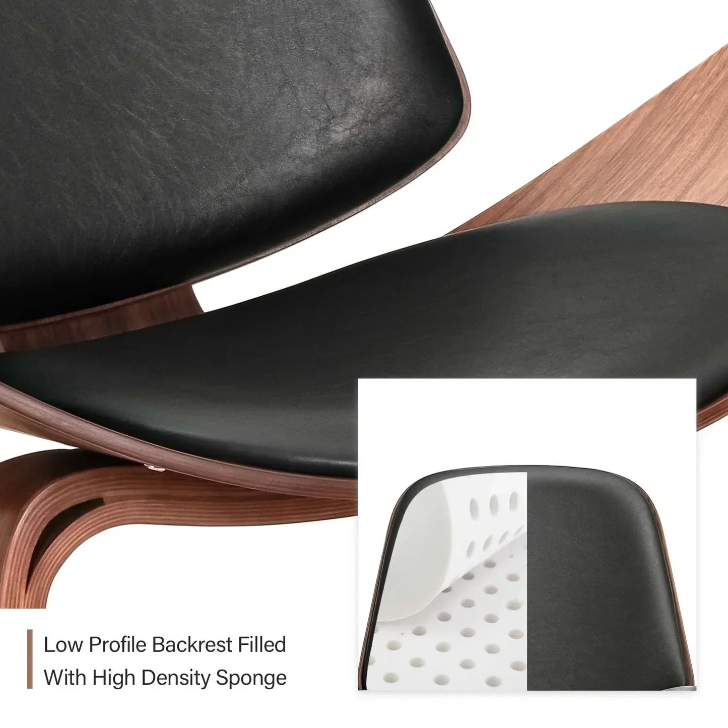 Shell Lounge Chair Tripod Wood with Black PU Leather Chairs