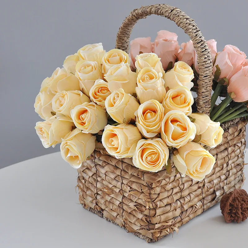 12PCS Light Yellow Artificial Rose Flowers Bouquet | Silk Floral