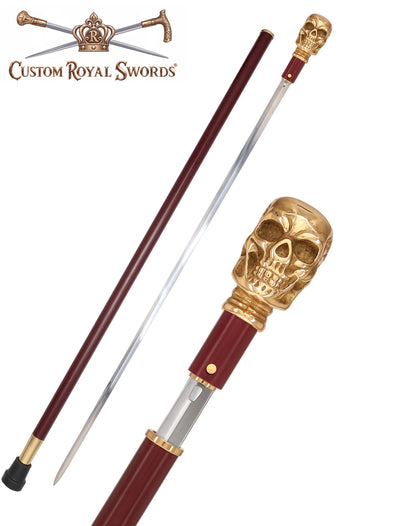 Custom RC Swords Brass Skull Handle Sword Cane – Mahogany Metal Shaft, 29" Blade