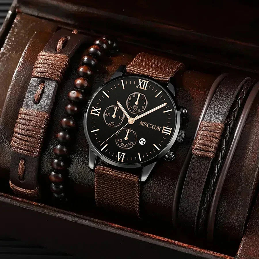 4pcs Men's Quartz Watch Set with Bracelets (Coffee)