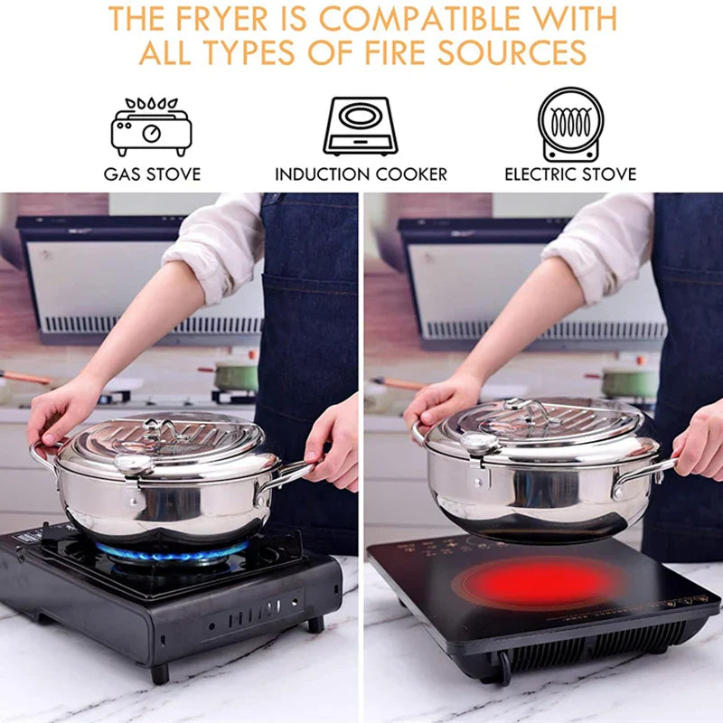 24cm Deep Frying Pot with Thermometer and Lid Silver