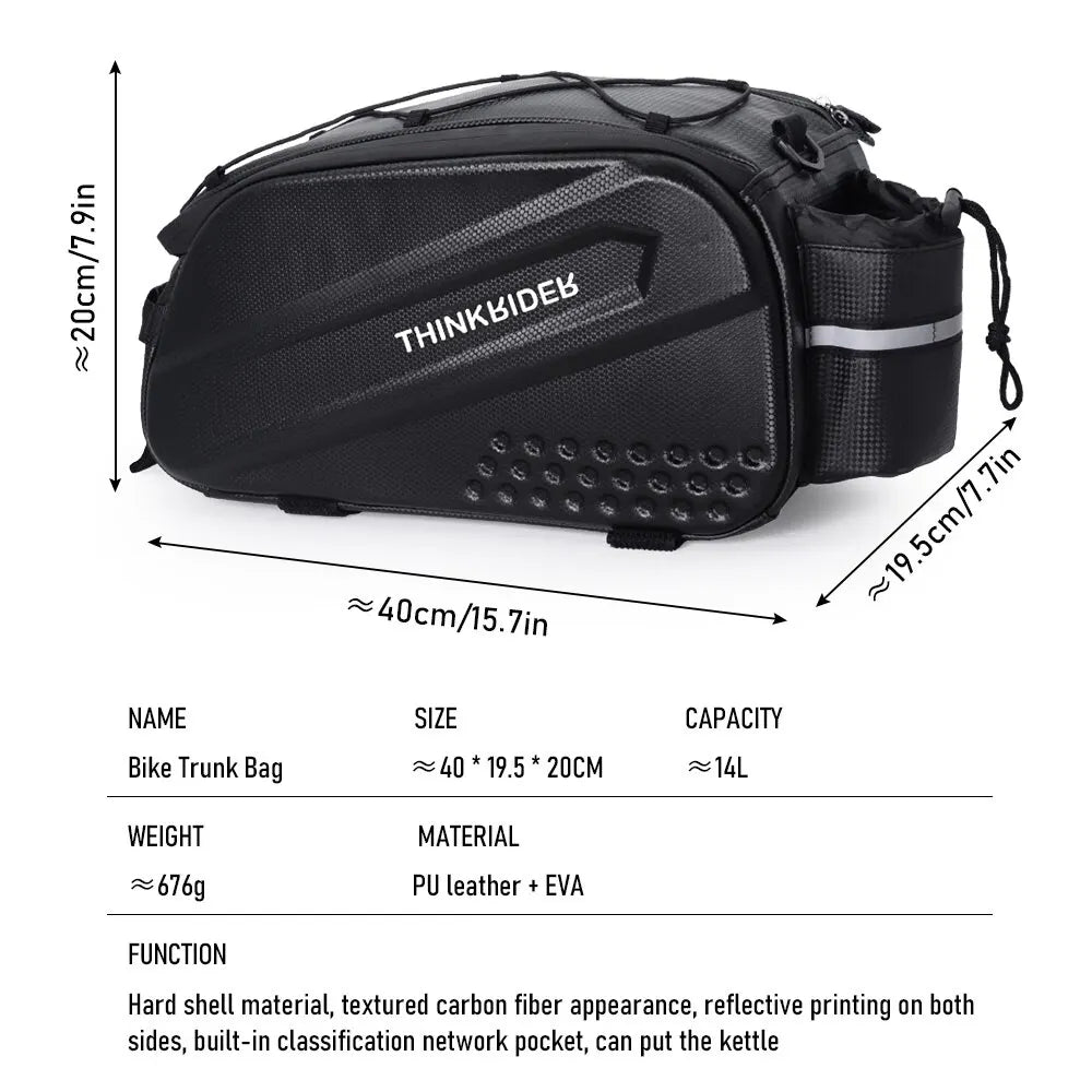 14L Bicycle Hard Shell Hunch Waterproof PU Bike Tail Bag Black