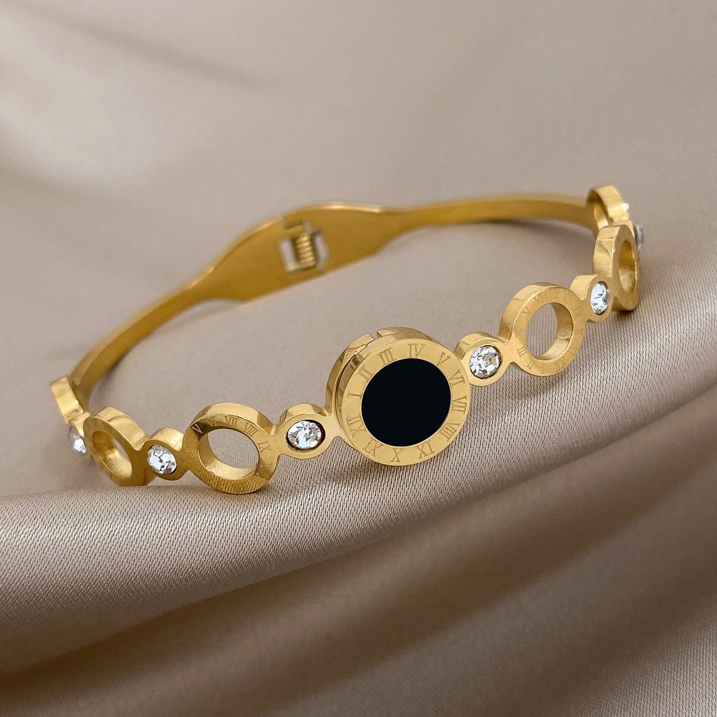Stylish Black Gold Roman Numerals Stainless Bangles