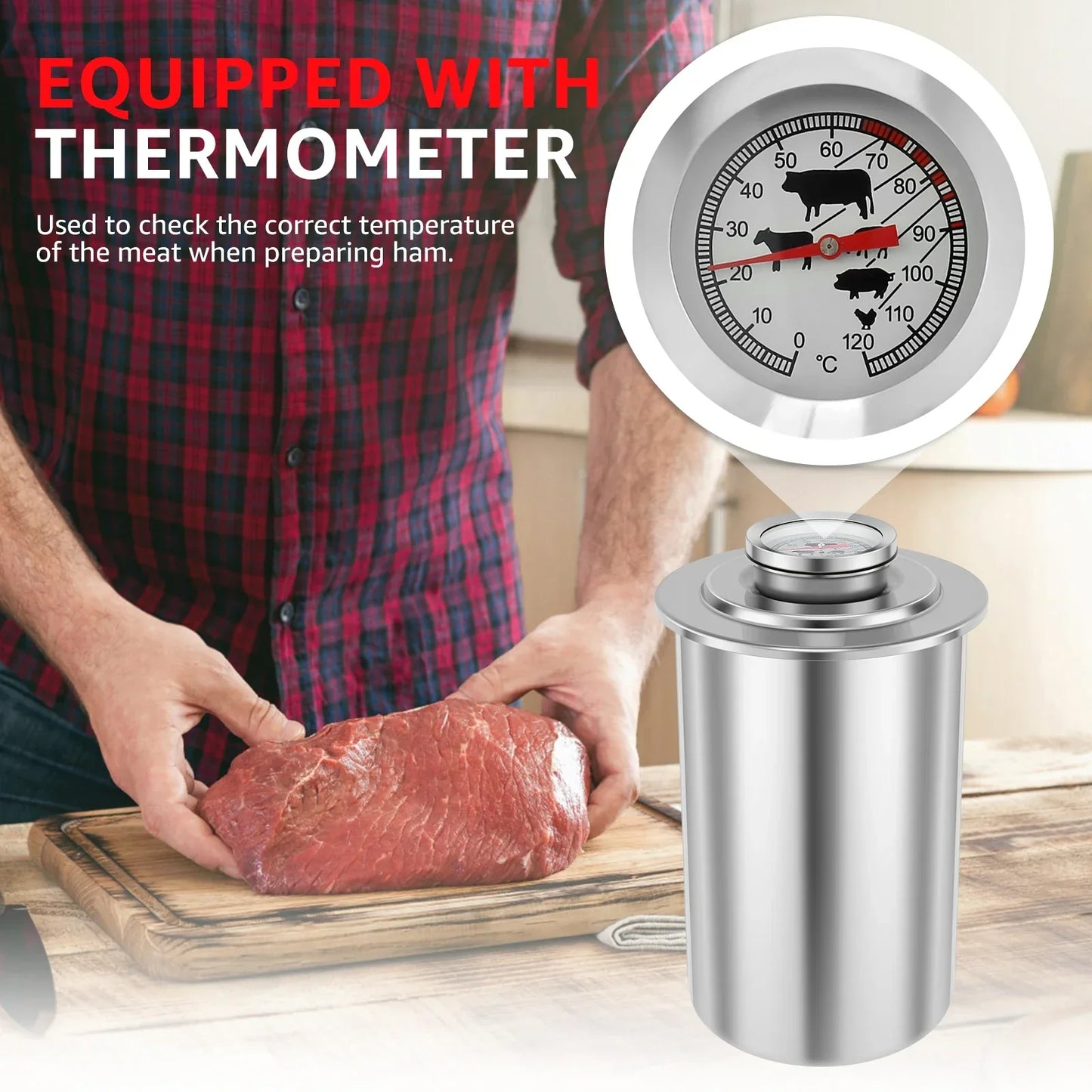 Stainless Steel Ham Maker with Thermometer Deli Meat Press Mold Silver