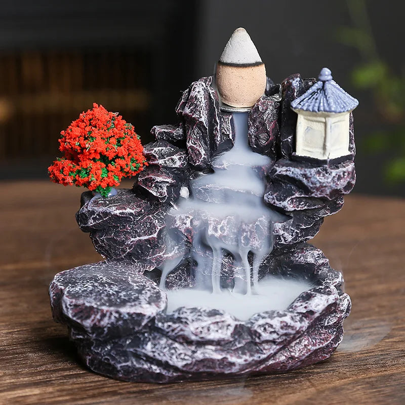 Red Resin Backflow Incense Holder Waterfall Set - Modern Aromatherapy Ornament with Incense Cones