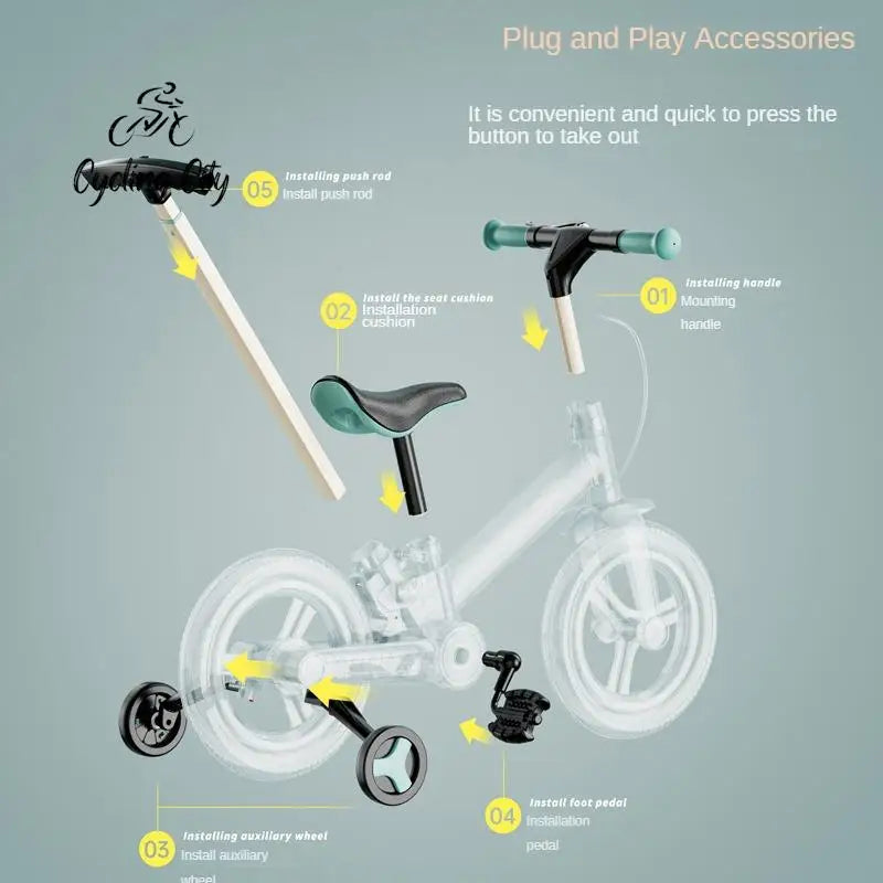 2-in-1 Foldable 12-Inch Children's Balance Bike with Chainless PU Tires