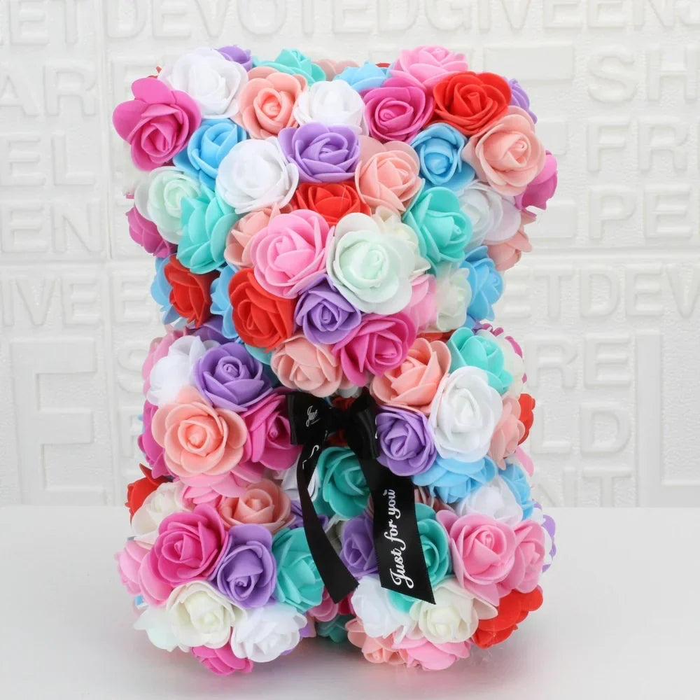 Multicolor Eternal Rose Bear - Handcrafted Foam Flowers