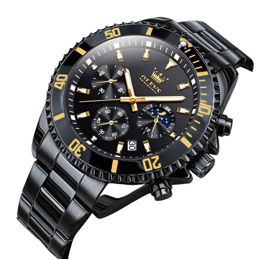 Waterproof Moon Phase Quartz Wristwatch - All Black