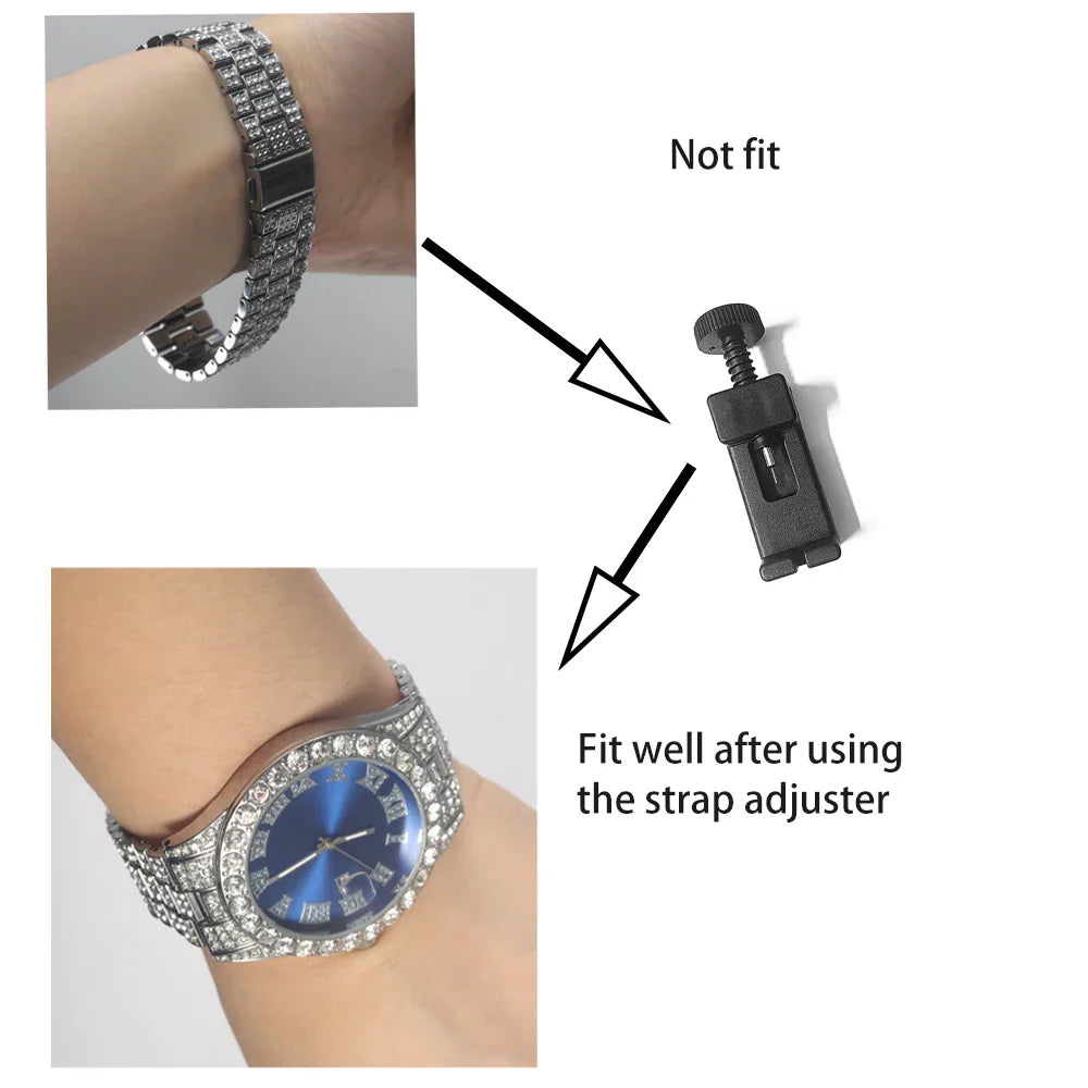 3pcs Mens Silver Watch Cuban Chain Bracelet Set (Blue)