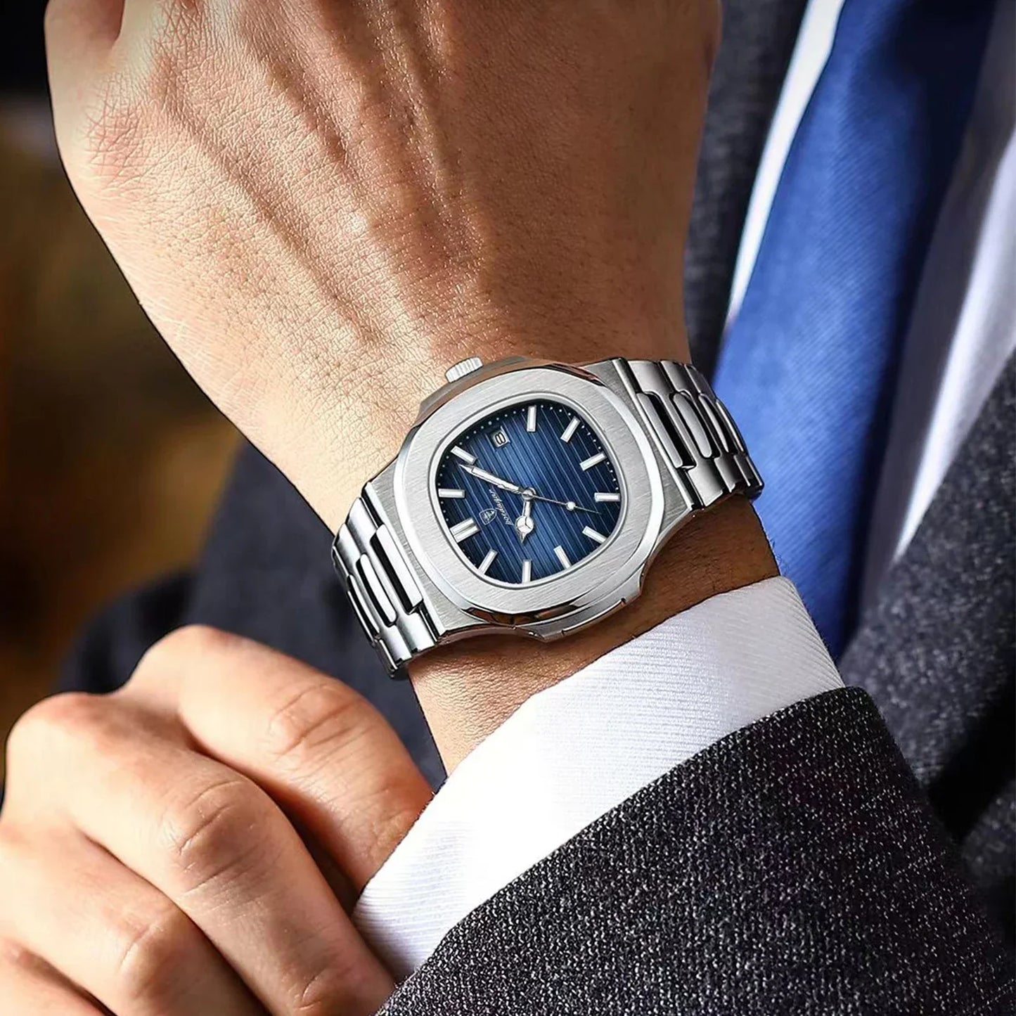 Watch for Men Stainless Steel Square Waterproof Quartz (Blue)