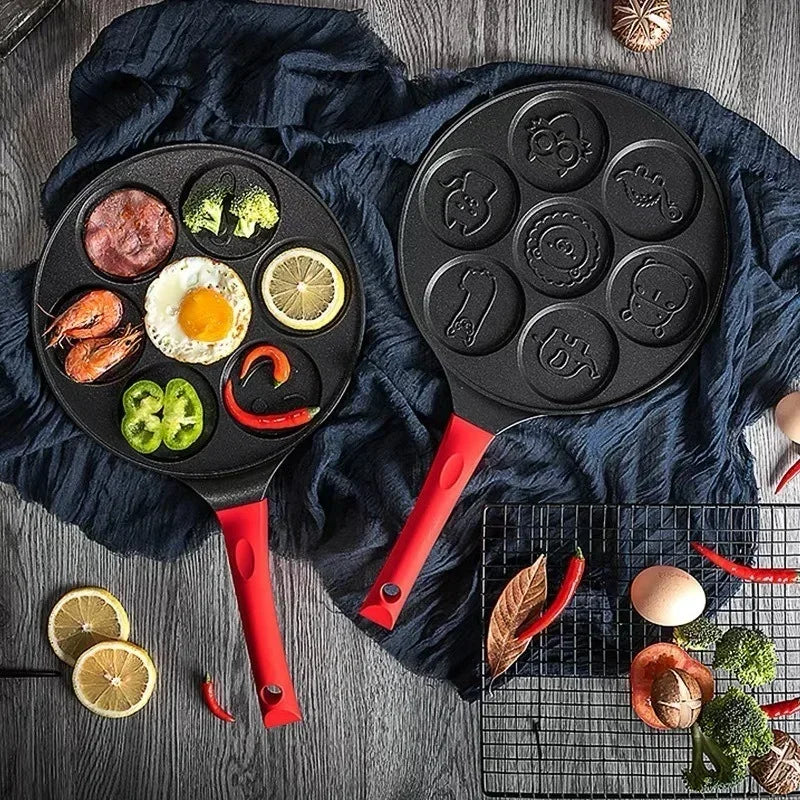 Seven-Hole Animal Face Pancake Frying Pan Non-Stick Black
