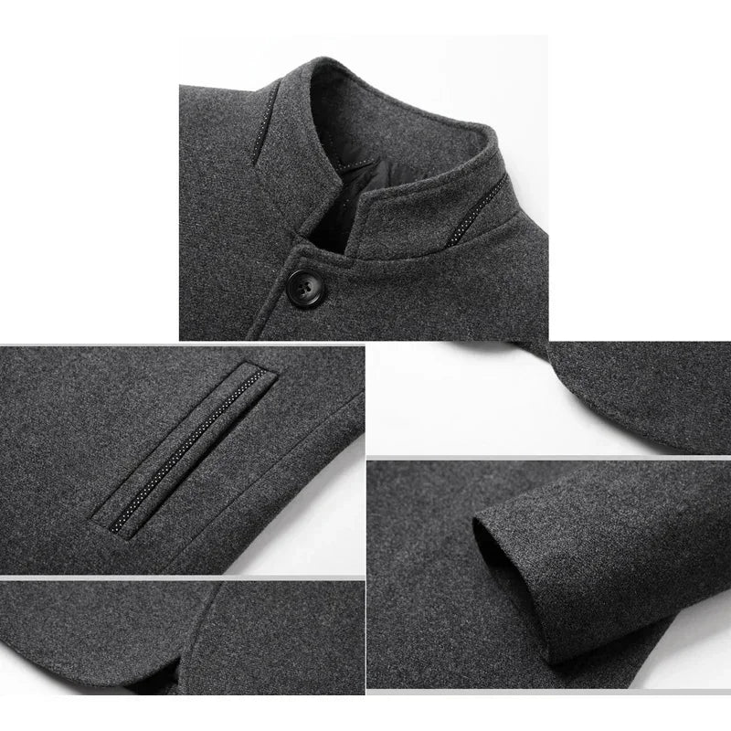 Mens Winter Wool Coat Stand Collar Business Jacket (Gray)