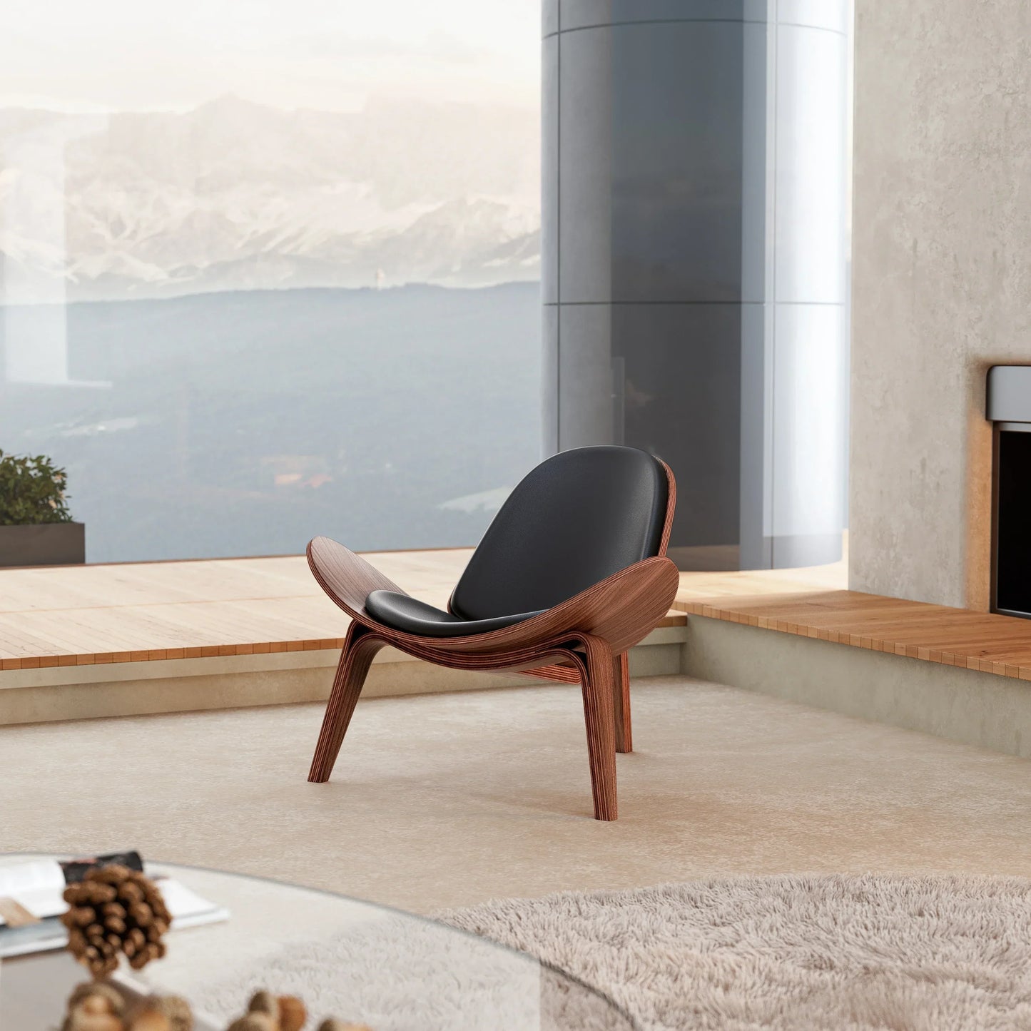 Shell Lounge Chair Tripod Wood with Black PU Leather Chairs