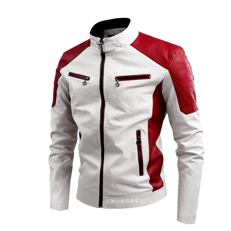 Men Slim Fit PU Moto Leather Jacket (White)