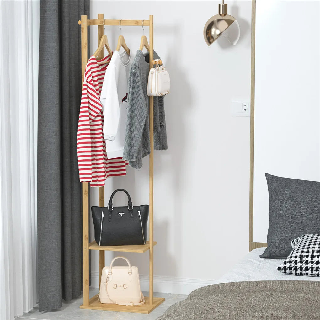Yellow Bamboo Garment Rack with 2 Tier Shelves - Free-Standing Wooden Clothing Rack