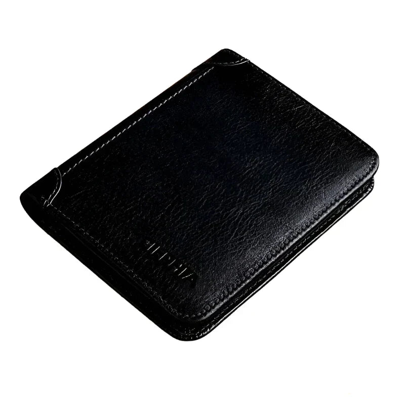 Black Genuine Leather Retro Business Wallet - Short Card Holder & Coin Purse
