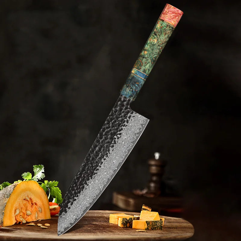 8-Inch Forged Damascus Steel Chef Knife Custom Stainless Blade Green