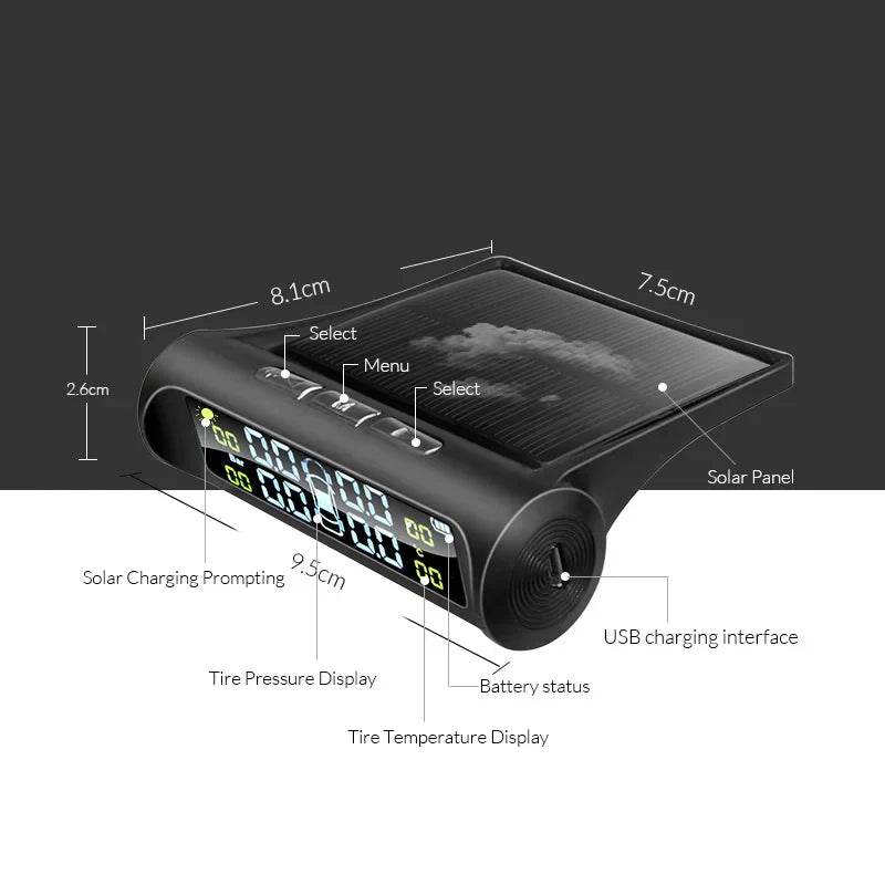 Solar Powered TPMS Wireless Tire Pressure Monitoring Black