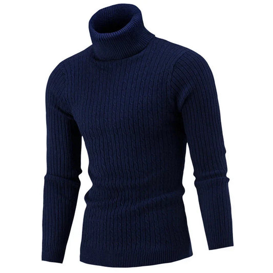 Men's Turtleneck Warm Pullover Knitted Sweater (Navy Blue)