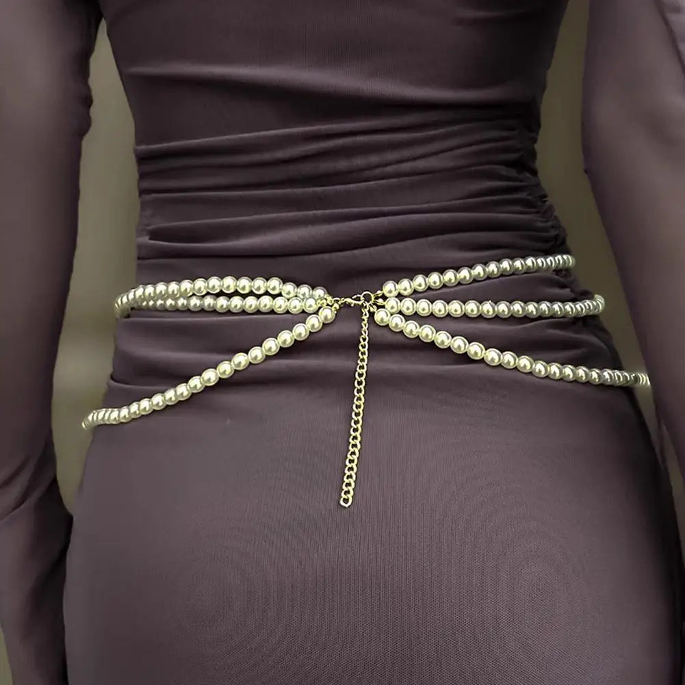 Retro Multilayer Pearl Waist Chain Belt Women (D)