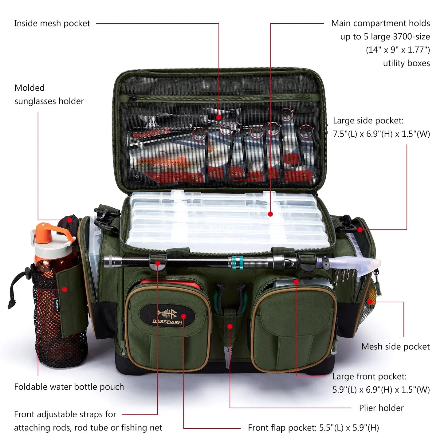 Fishing Tackle Shoulder Bag with Rain Cover Army Green