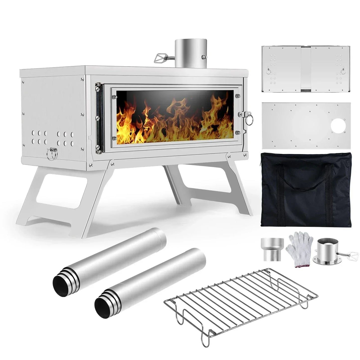 Portable Folding Wood Stove with Chimney Fastfold Tent Stove Silver