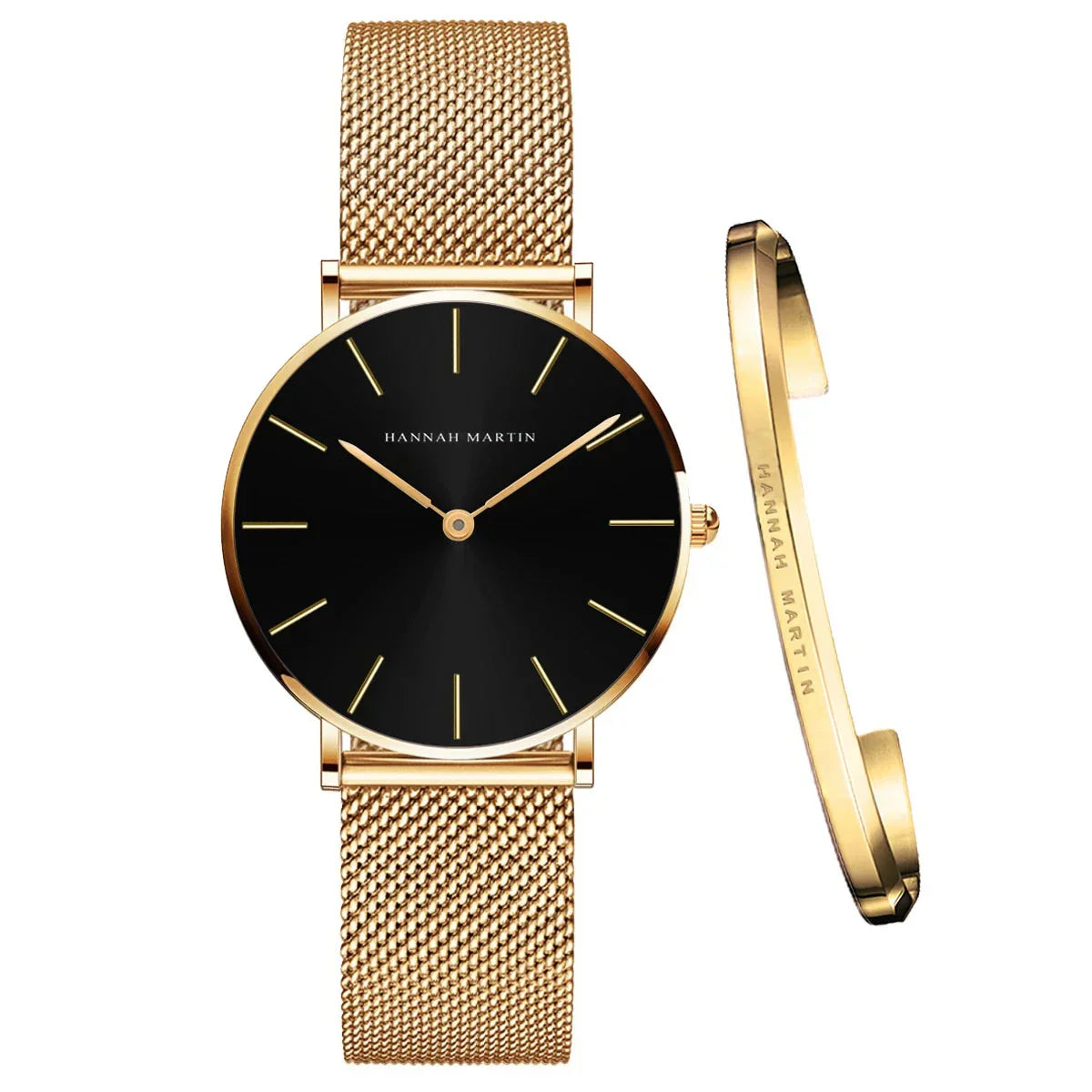 Women's Mesh Bracelet Watch Set (Black Gold)