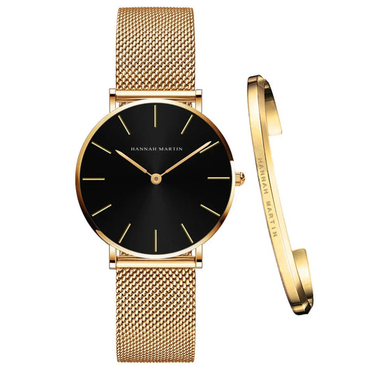 Women's Mesh Bracelet Watch Set (Black Gold)