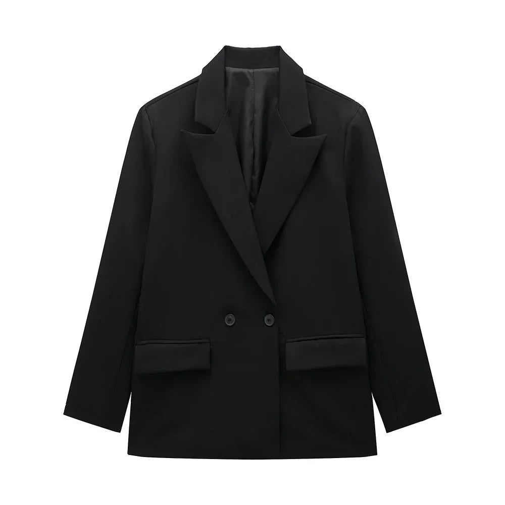 Womens Double Breasted Blazer with Pockets (Black)