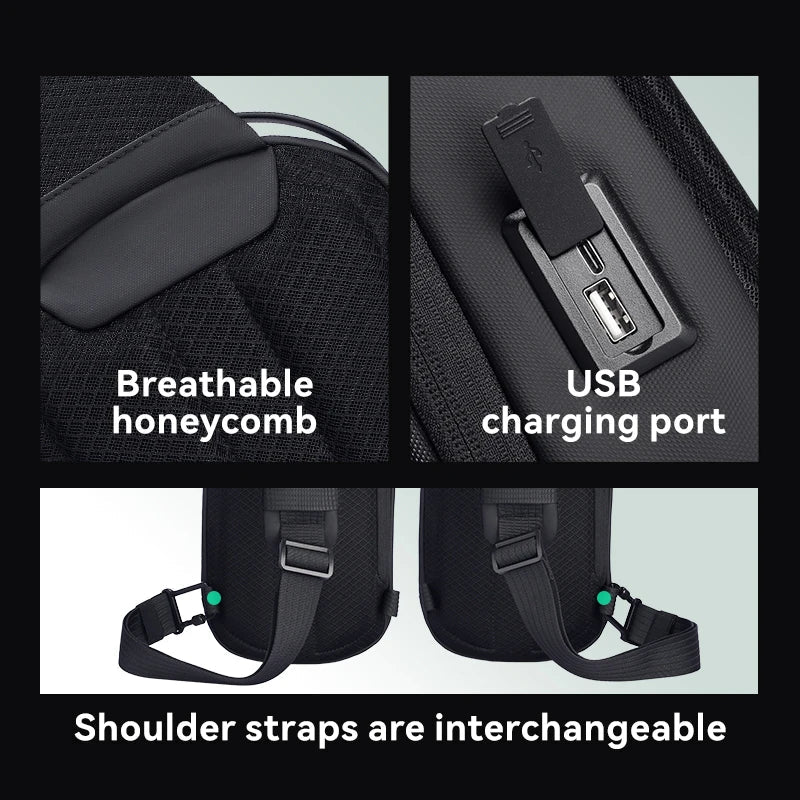 Hard-Shell Waterproof Crossbody Bag Sling with USB Port Black
