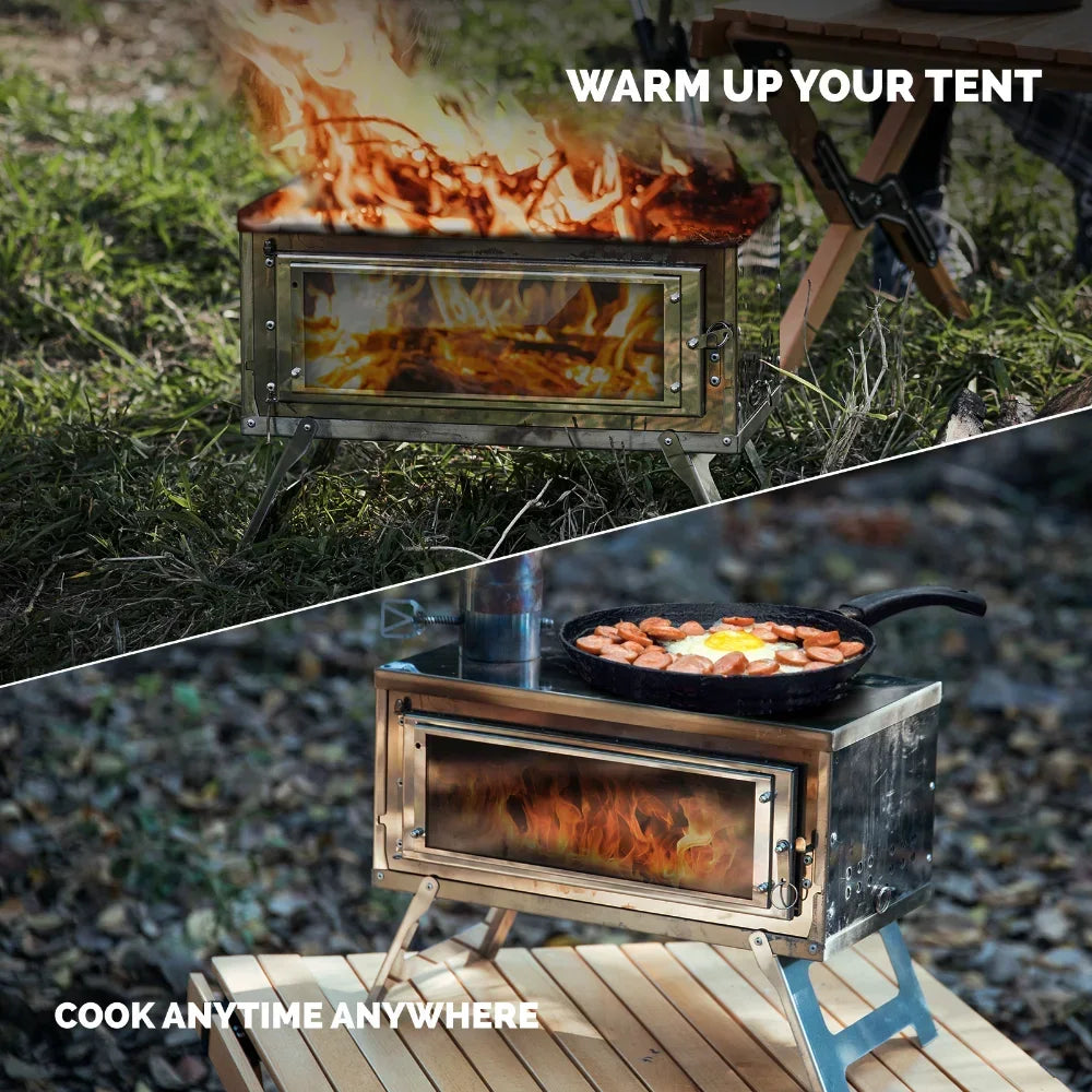 Portable Folding Wood Stove with Chimney Fastfold Tent Stove Silver