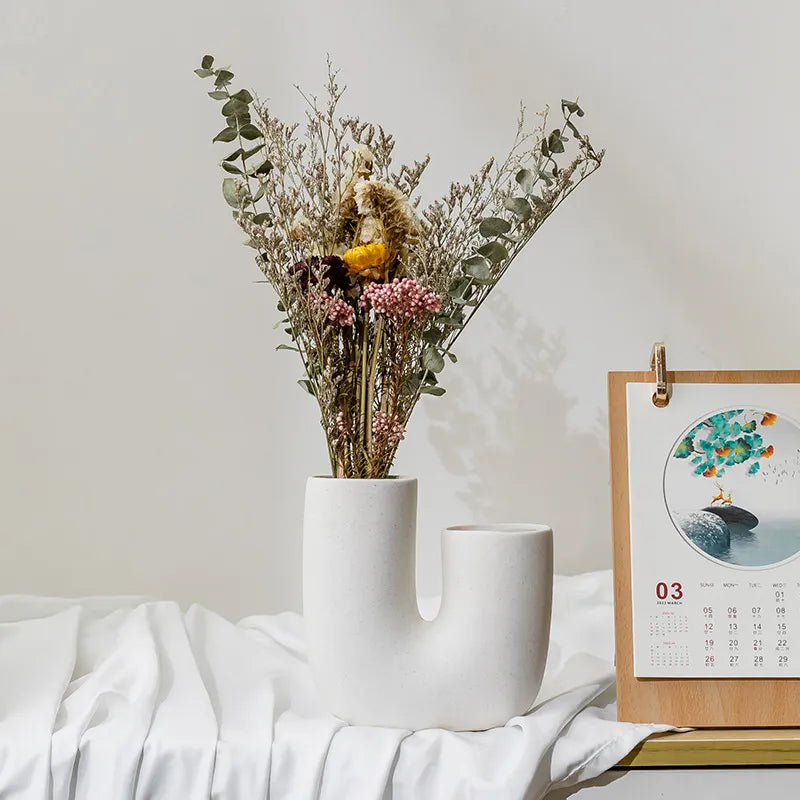 Nordic Elegance: White Ceramic U-shaped Vase for Stylish Living Spaces