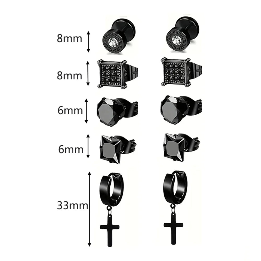 Earrings Stainless Steel 5 Pairs Set for Men (Black)