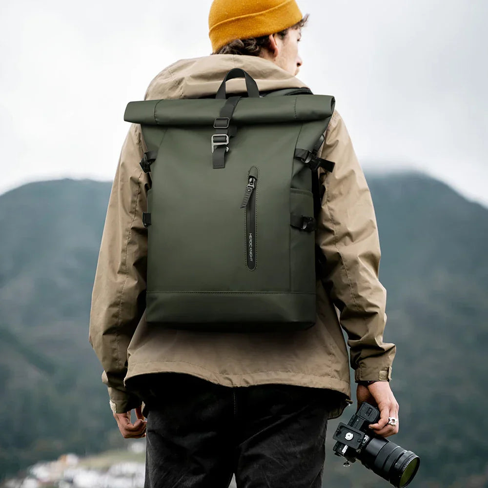 Expandable Waterproof Backpack Roll-Up Design with USB Charging Port Green